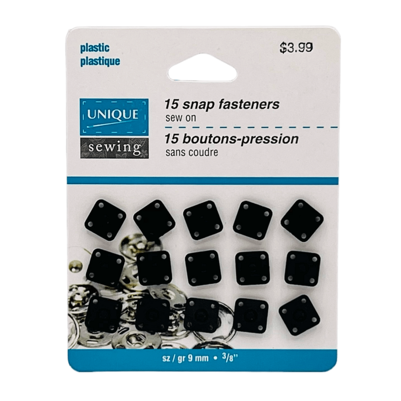 15 Boutons-pression carrés en plastique noir 9mm / 3/8"