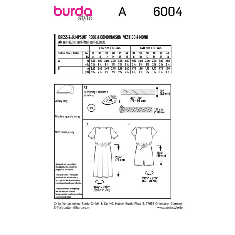 Burda 6004- Robe & combinaison pour femmes