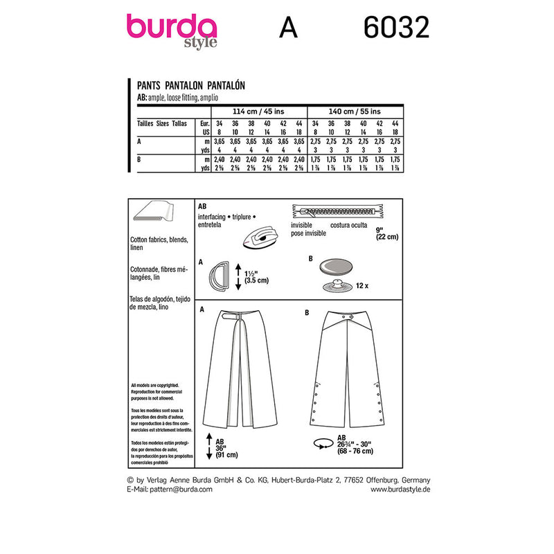 Burda 6032- Pantalons pour femme