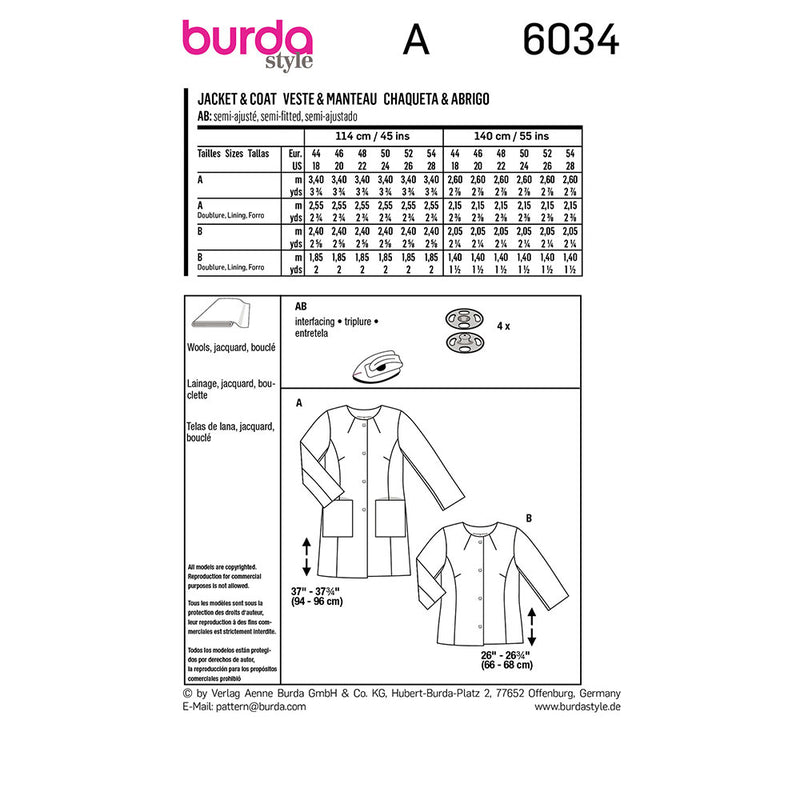 Burda 6034- Veste & manteau pour femmes