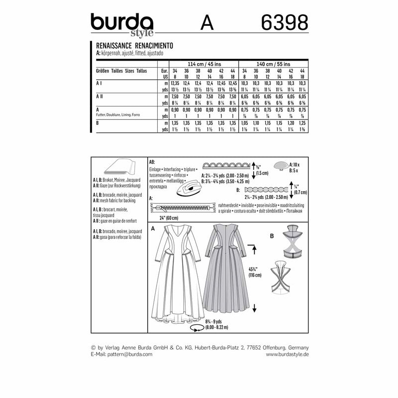 Burda 6398 - renaissance - une robe longue festive avec une jupe