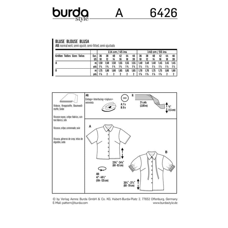 Burda 6426 - Blouse à manches courtes