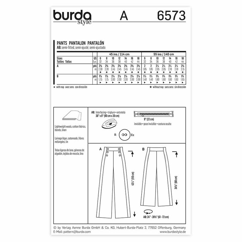 Burda 6573 - Pantalon pour femmes