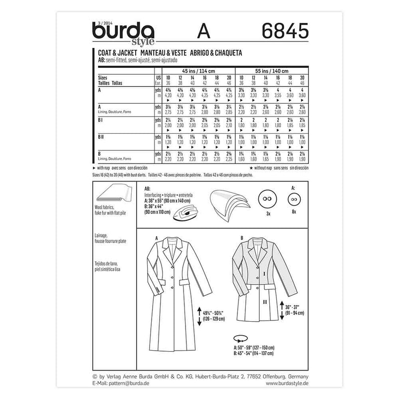 Burda 6845 - Manteau/ veste pour femmes