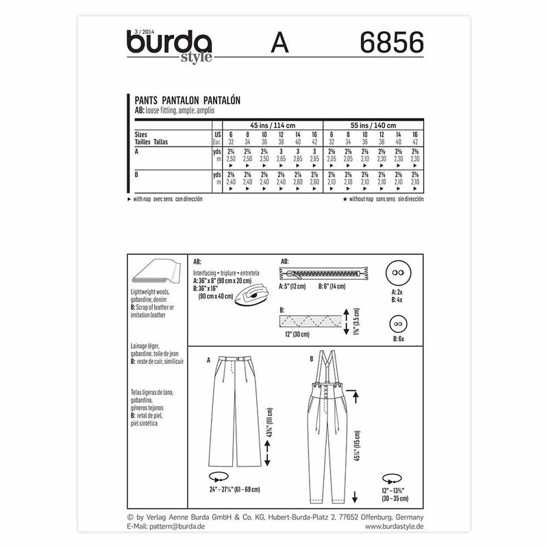 Burda 6856 - Pantalons pour femmes