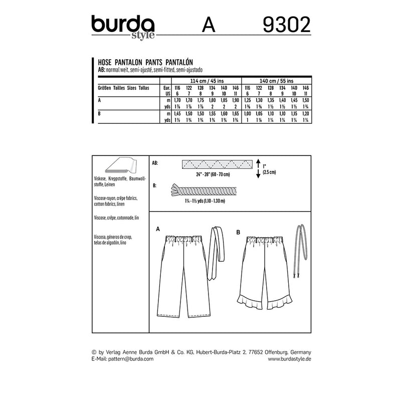 Burda 9302 - Girl's Trousers