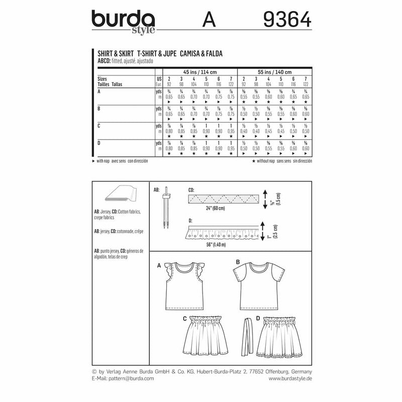 Burda 9364 - T-shirt et jupe pour enfants