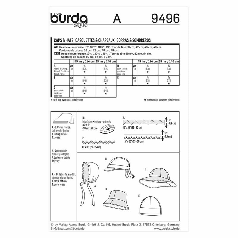 Burda 9496 - Casquettes, chapeaux